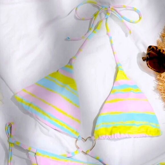NEW! Y2K Neon Summer Stripe Stringy Heart Detail Triangle Bikini Top - Picture 11 of 14